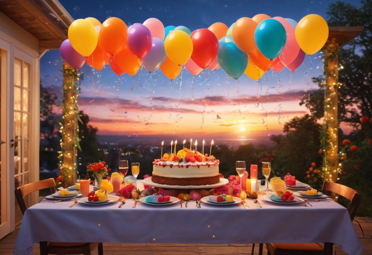 A vibrant and festive scene showcasing a beautifully decorated party table with colorful balloons, delicious cake, and blooming flowers, surrounded by joyful guests laughing and celebrating. The background captures twinkling fairy lights and a sunset sky, evoking a sense of warmth and happiness. super-realistic. vibrant colors. 3D.