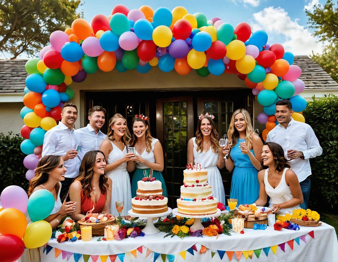 A whimsical celebration scene featuring a beautifully decorated outdoor party with colorful balloons, streamers, and joyful guests engaging in fun activities. Include a large festive cake adorned with flowers and candles, surrounded by laughter and cheerful expressions. Bright sunshine and a rainbow in the background enhancing the joyful atmosphere. super-realistic. vibrant colors. outdoor setting.