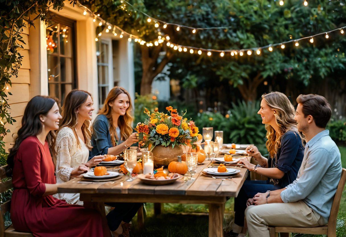 A warm and inviting outdoor scene set for a joyful gathering, featuring a beautifully decorated long table with colorful tableware, fresh flowers, and twinkling fairy lights. Friends and family are joyfully interacting, laughing, and sharing food in a lush garden setting. Include elements of fall, like pumpkins and autumn leaves, to enhance the festive vibe. super-realistic. vibrant colors. soft focus.
